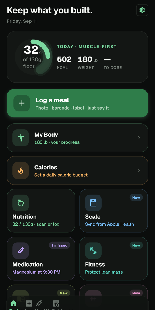 Built Health home screen showing a protein ring, daily stats, and feature tiles