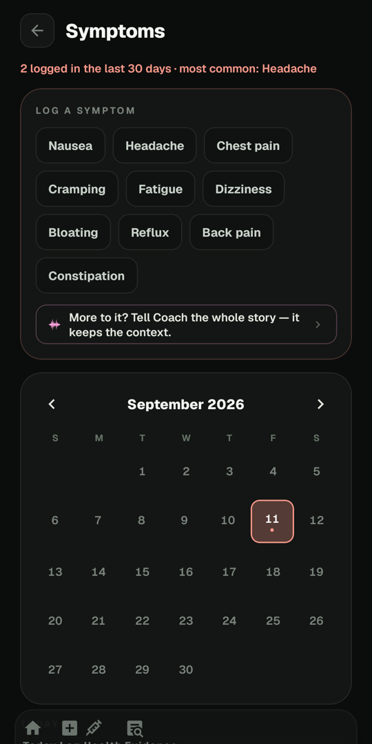 Symptom calendar screen